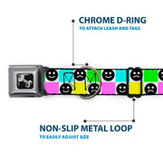 Dog Bone Black/Silver Seatbelt Buckle Collar - Smiley Sad Face Checker Multi Color/White