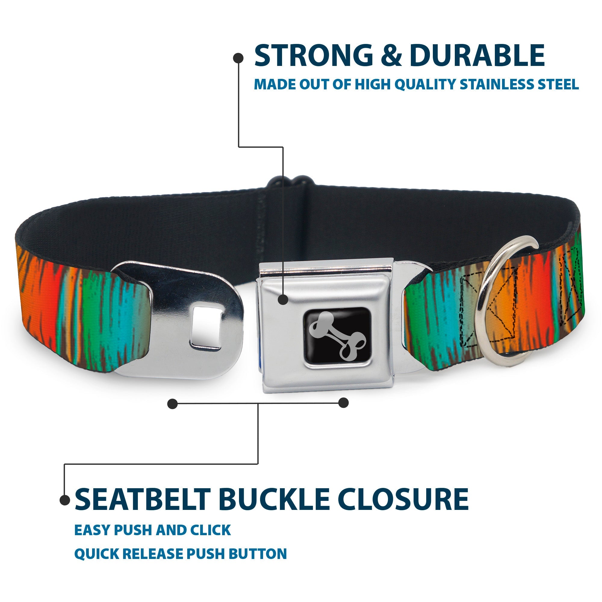 Dog Bone Black/Silver Seatbelt Buckle Collar - Scribble Zarape Fade Brown/Multi Color