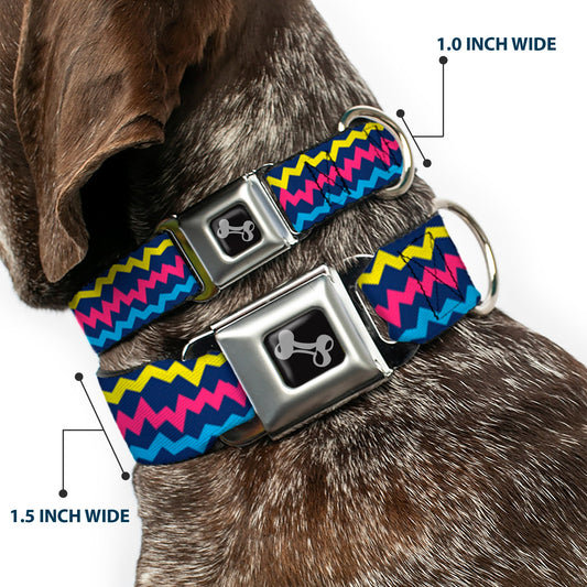 Dog Bone Black/Silver Seatbelt Buckle Collar - Scribble Zig Zag Stripe Navy/Multi Color