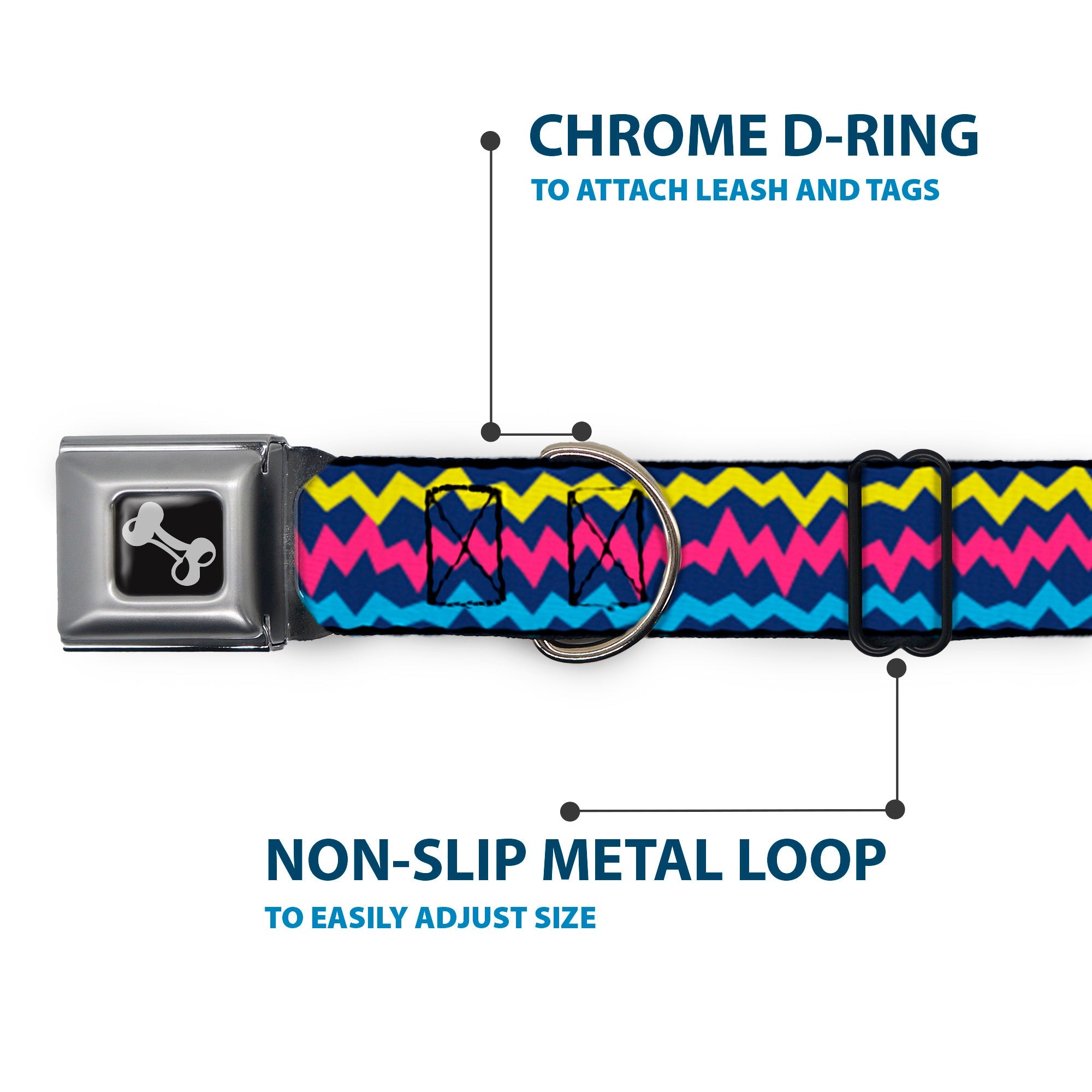 Dog Bone Black/Silver Seatbelt Buckle Collar - Scribble Zig Zag Stripe Navy/Multi Color