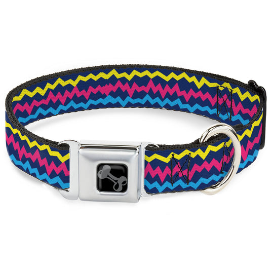 Dog Bone Black/Silver Seatbelt Buckle Collar - Scribble Zig Zag Stripe Navy/Multi Color
