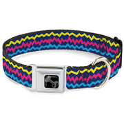 Dog Bone Black/Silver Seatbelt Buckle Collar - Scribble Zig Zag Stripe Navy/Multi Color