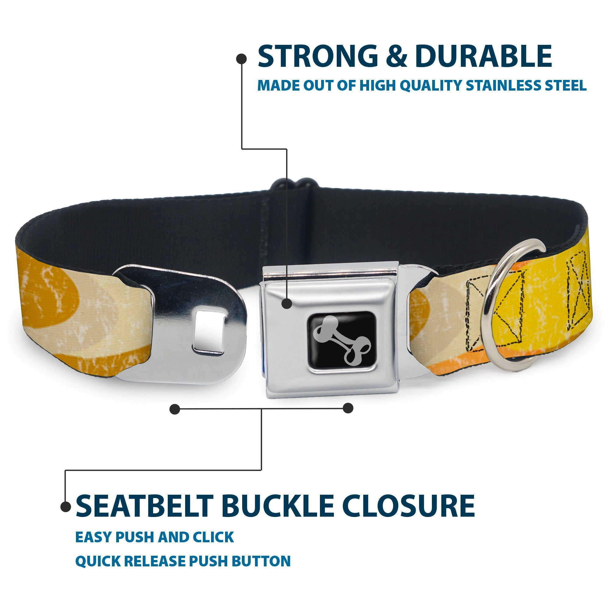 Dog Bone Black/Silver Seatbelt Buckle Collar - Spots Stacked Weathered Yellows/Browns