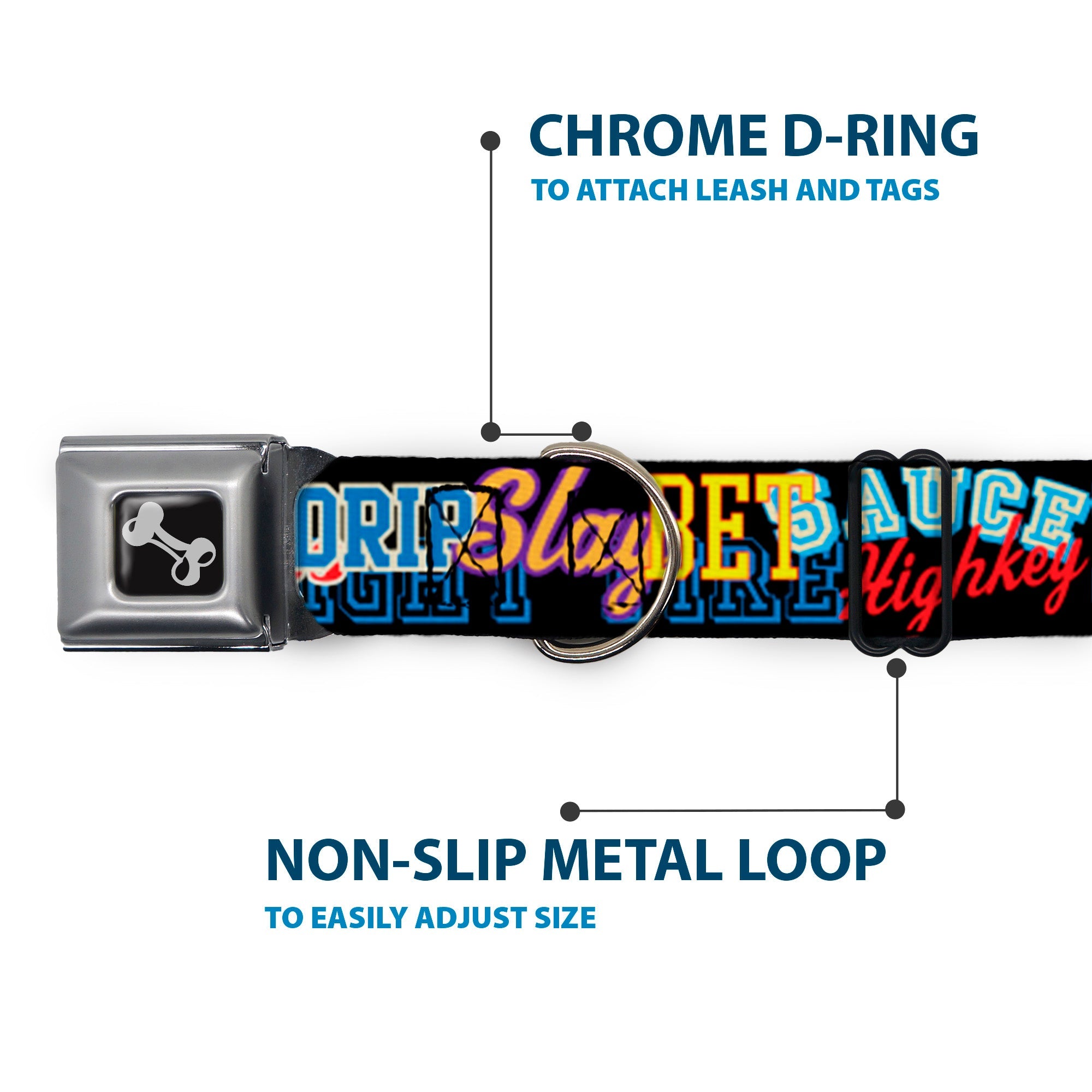 Dog Bone Black/Silver Seatbelt Buckle Collar - Slang Verbiage Stacked Black/Multi Color