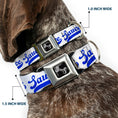 Load image into Gallery viewer, Dog Bone Black/Silver Seatbelt Buckle Collar - SAUCE Baseball Script White/Blue
