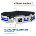 Load image into Gallery viewer, Dog Bone Black/Silver Seatbelt Buckle Collar - SAUCE Baseball Script White/Blue
