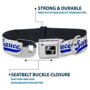 Dog Bone Black/Silver Seatbelt Buckle Collar - SAUCE Baseball Script White/Blue