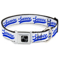 Load image into Gallery viewer, Dog Bone Black/Silver Seatbelt Buckle Collar - SAUCE Baseball Script White/Blue
