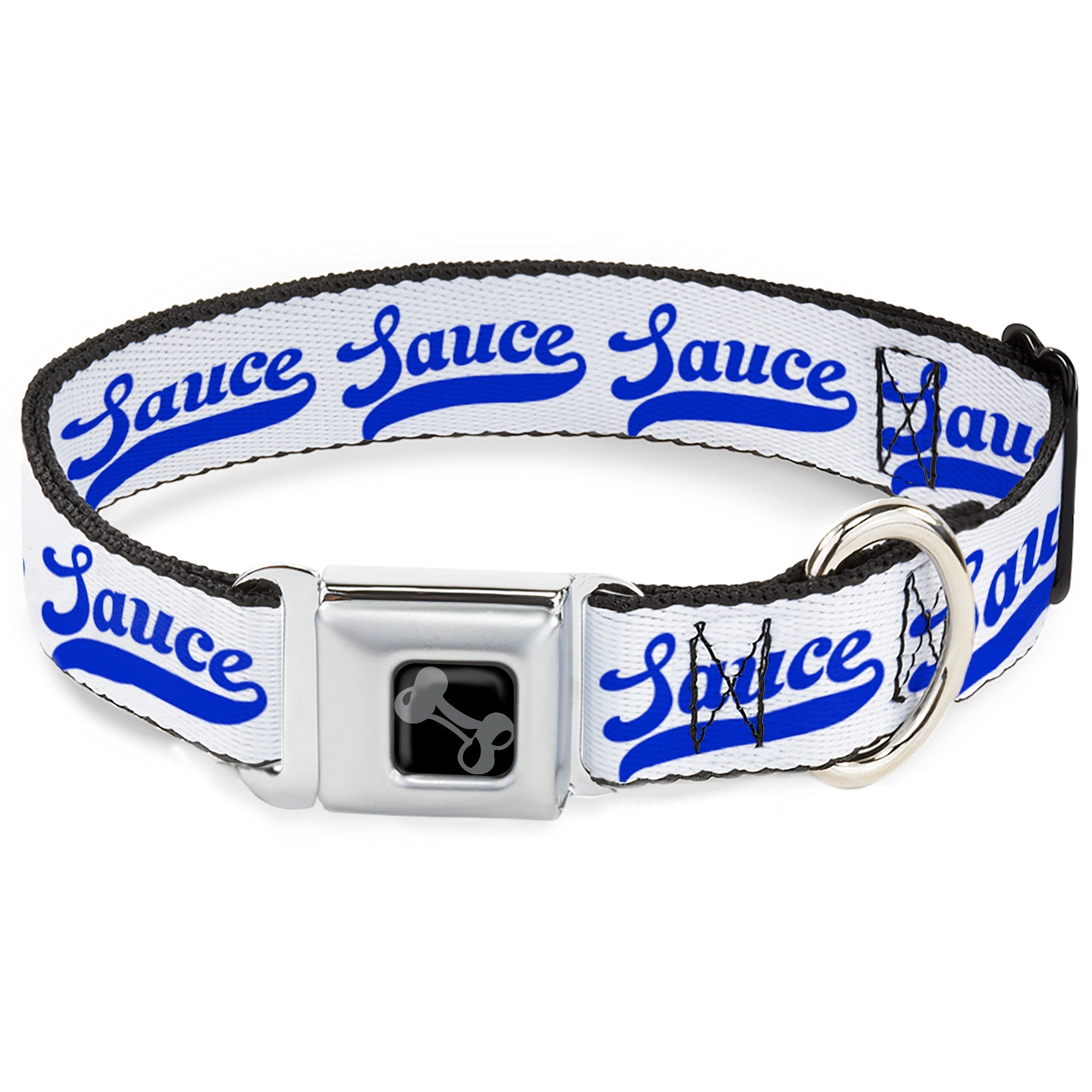 Dog Bone Black/Silver Seatbelt Buckle Collar - SAUCE Baseball Script White/Blue