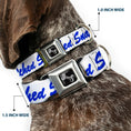 Load image into Gallery viewer, Dog Bone Black/Silver Seatbelt Buckle Collar - SNATCHED Script  White/Blue
