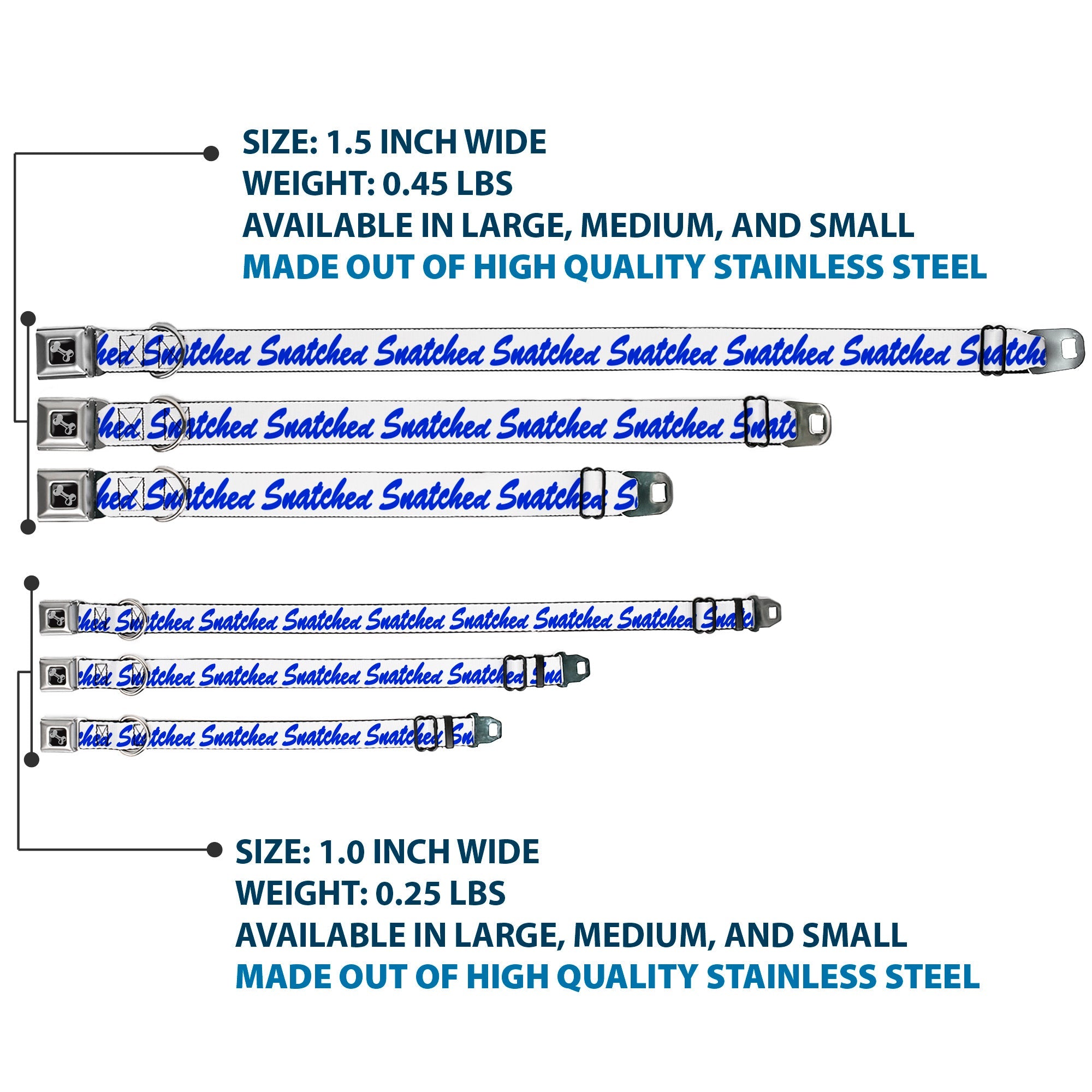 Dog Bone Black/Silver Seatbelt Buckle Collar - SNATCHED Script  White/Blue