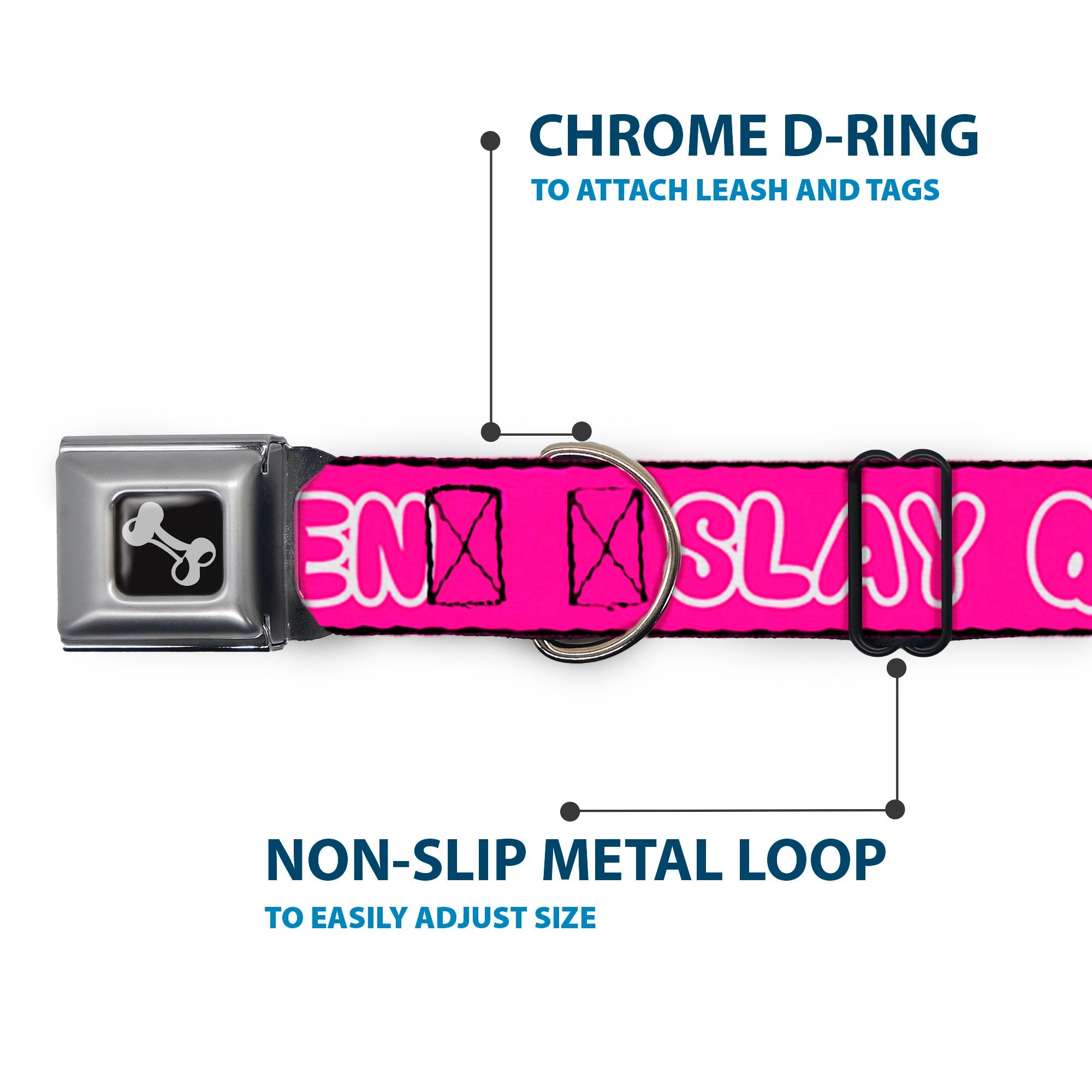 Dog Bone Black/Silver Seatbelt Buckle Collar - SLAY QUEEN Bubble Text Pink/White