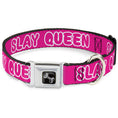 Load image into Gallery viewer, Dog Bone Black/Silver Seatbelt Buckle Collar - SLAY QUEEN Bubble Text Pink/White

