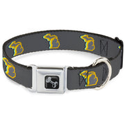 Dog Bone Black/Silver Seatbelt Buckle Collar - Michigan Outline 4-Color Wave Repeat Charcoal/Multi Color
