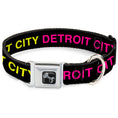 Load image into Gallery viewer, Dog Bone Black/Silver Seatbelt Buckle Collar - DETROIT CITY Text Repeat Black/Turquoise/Yellow/Pink
