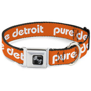 Dog Bone Black/Silver Seatbelt Buckle Collar - PURE DETROIT Text Repeat Bright Orange/White
