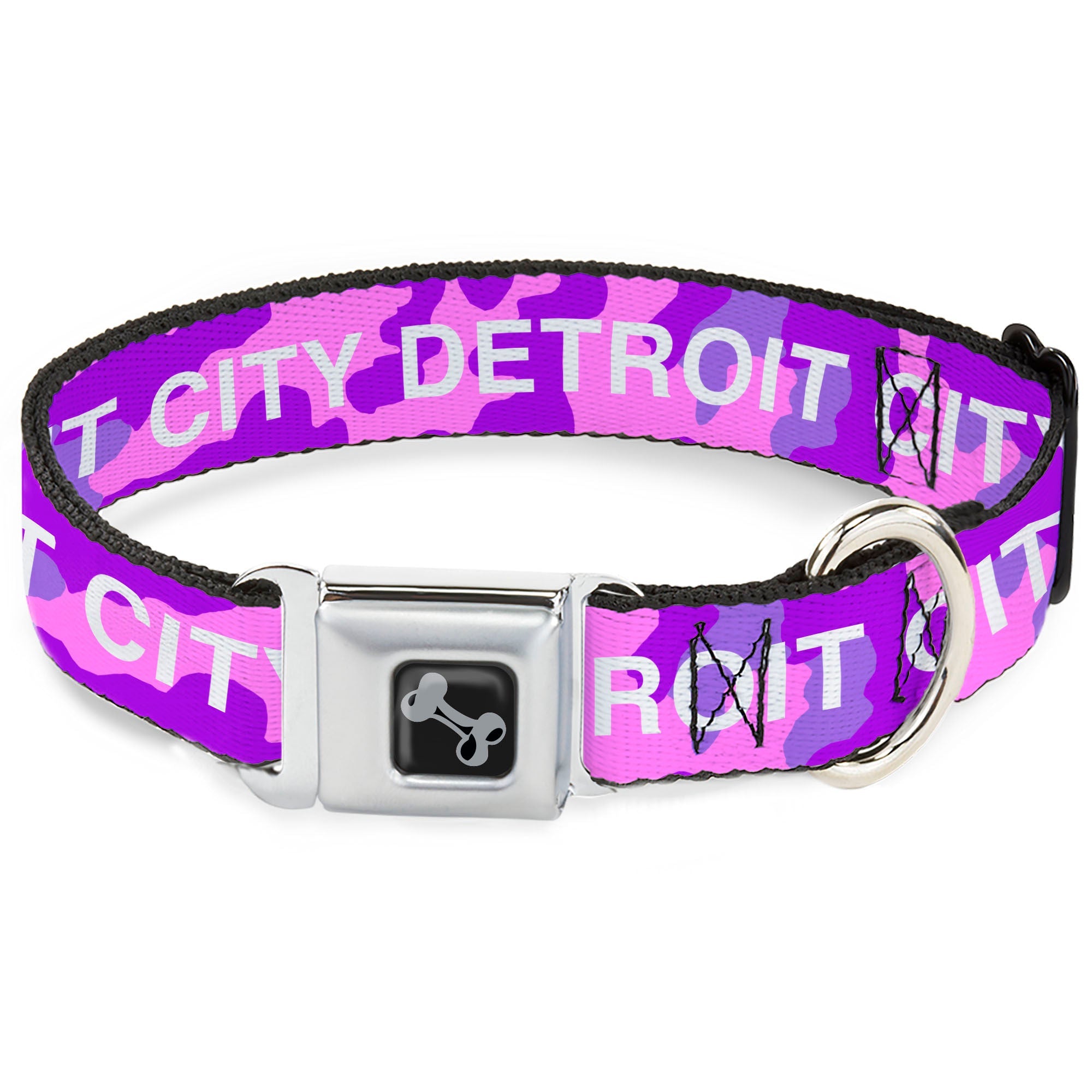 Dog Bone Black/Silver Seatbelt Buckle Collar - DETROIT CITY Text Camo Pinks/Purples/White