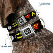 DC Round Logo Black/Silver Seatbelt Buckle Collar - Justice League 6-Superhero Logos Black