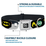 DC Round Logo Black/Silver Seatbelt Buckle Collar - Justice League 6-Superhero Logos Black