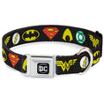 Load image into Gallery viewer, DC Round Logo Black/Silver Seatbelt Buckle Collar - Justice League 6-Superhero Logos Black
