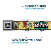 DC LEAGUE OF SUPER-PETS Logo Full Color Black/White Seatbelt Buckle Collar - DC LEAGUE OF SUPER-PETS 6-Superhero Pet Poses Collage Yellows