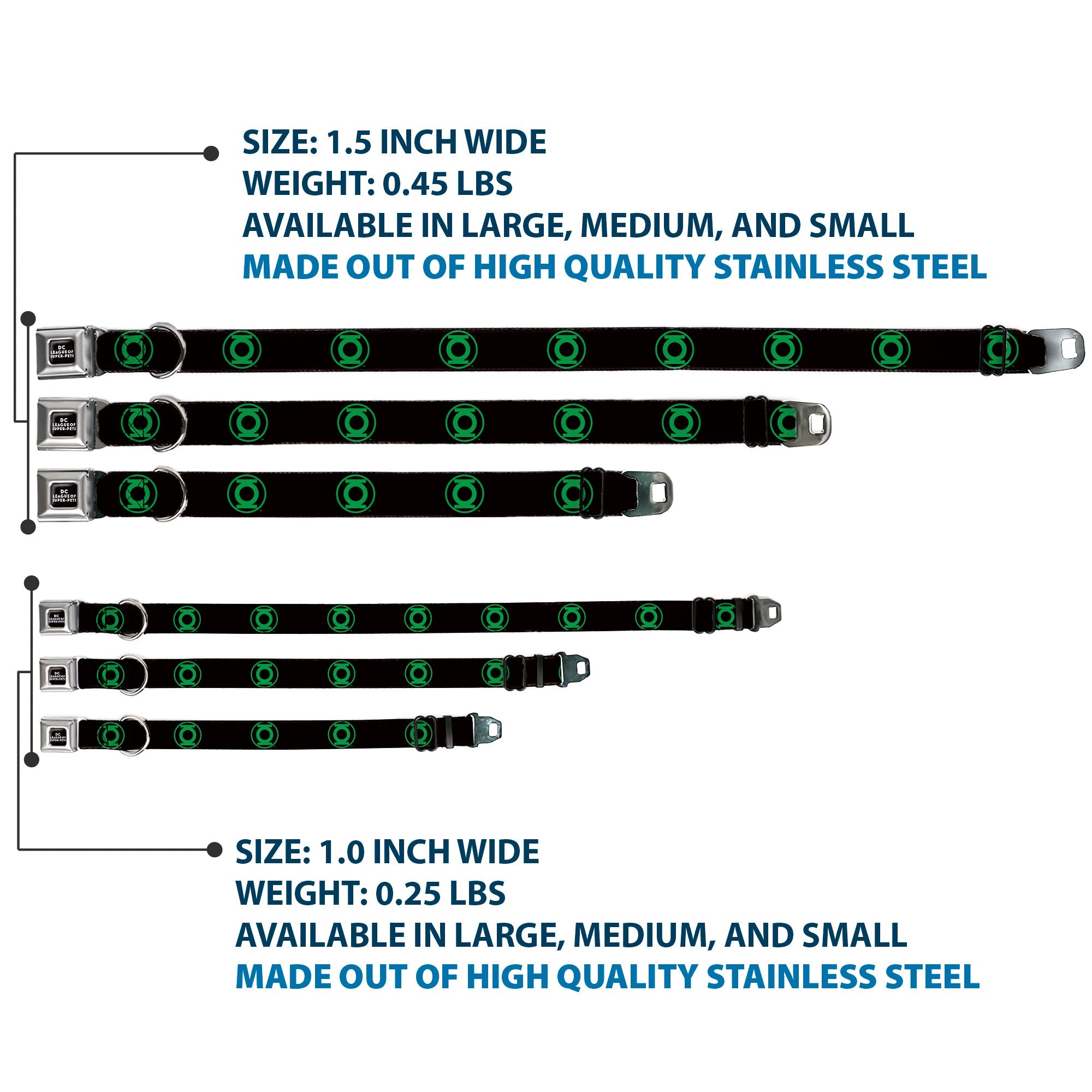 DC LEAGUE OF SUPER-PETS Logo Full Color Black/White Seatbelt Buckle Collar - DC League of Super-Pets Green Lantern Logo Black/Green