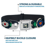 DC Comics Holiday Logo Full Color Black/White Seatbelt Buckle Collar - DC Comics Justice League Holiday Ornament Icons and Stars