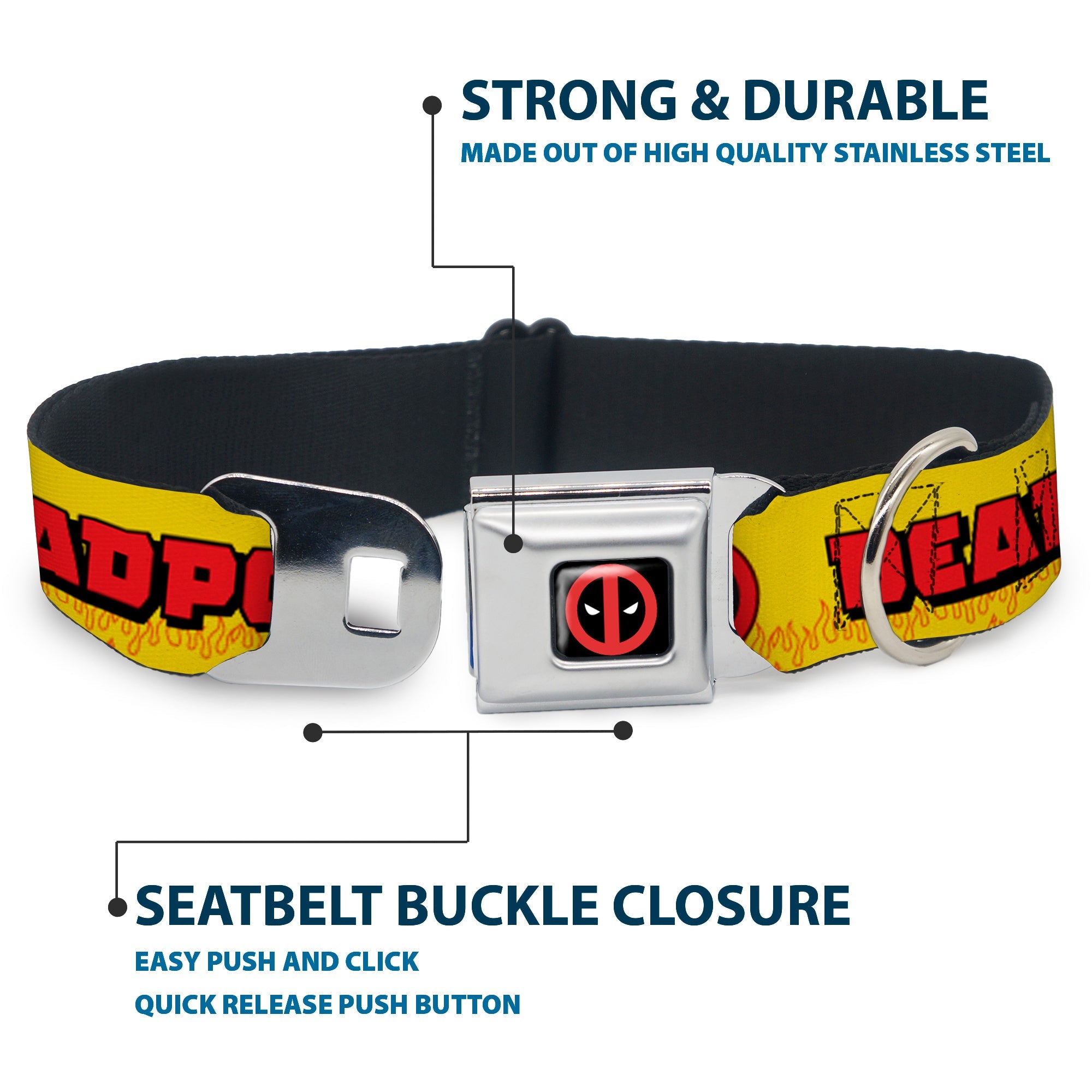 Deadpool Logo CLOSE-UP Full Color Black/Red/White Seatbelt Buckle Collar - DEADPOOL'S CHIMICHANGAS Flames Yellow/Black/Red