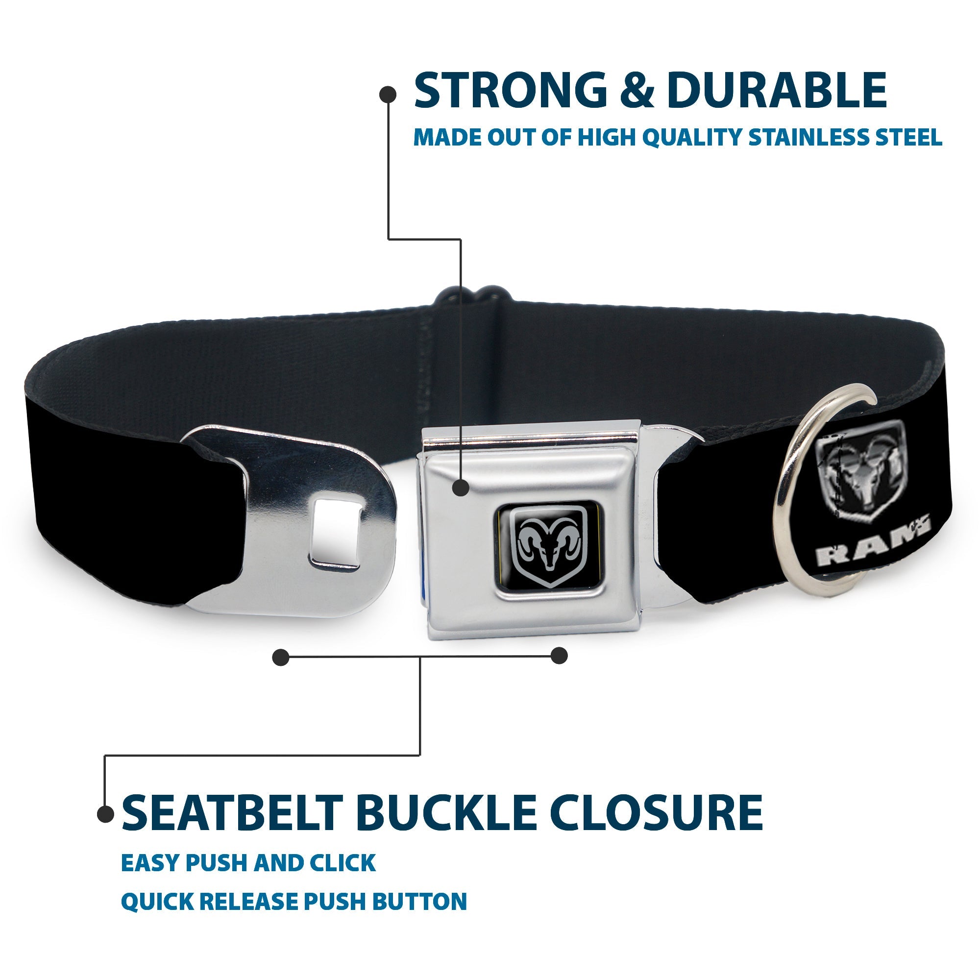 Ram Black/Silver Seatbelt Buckle Collar - Ram Black/Silver Logo REPEAT
