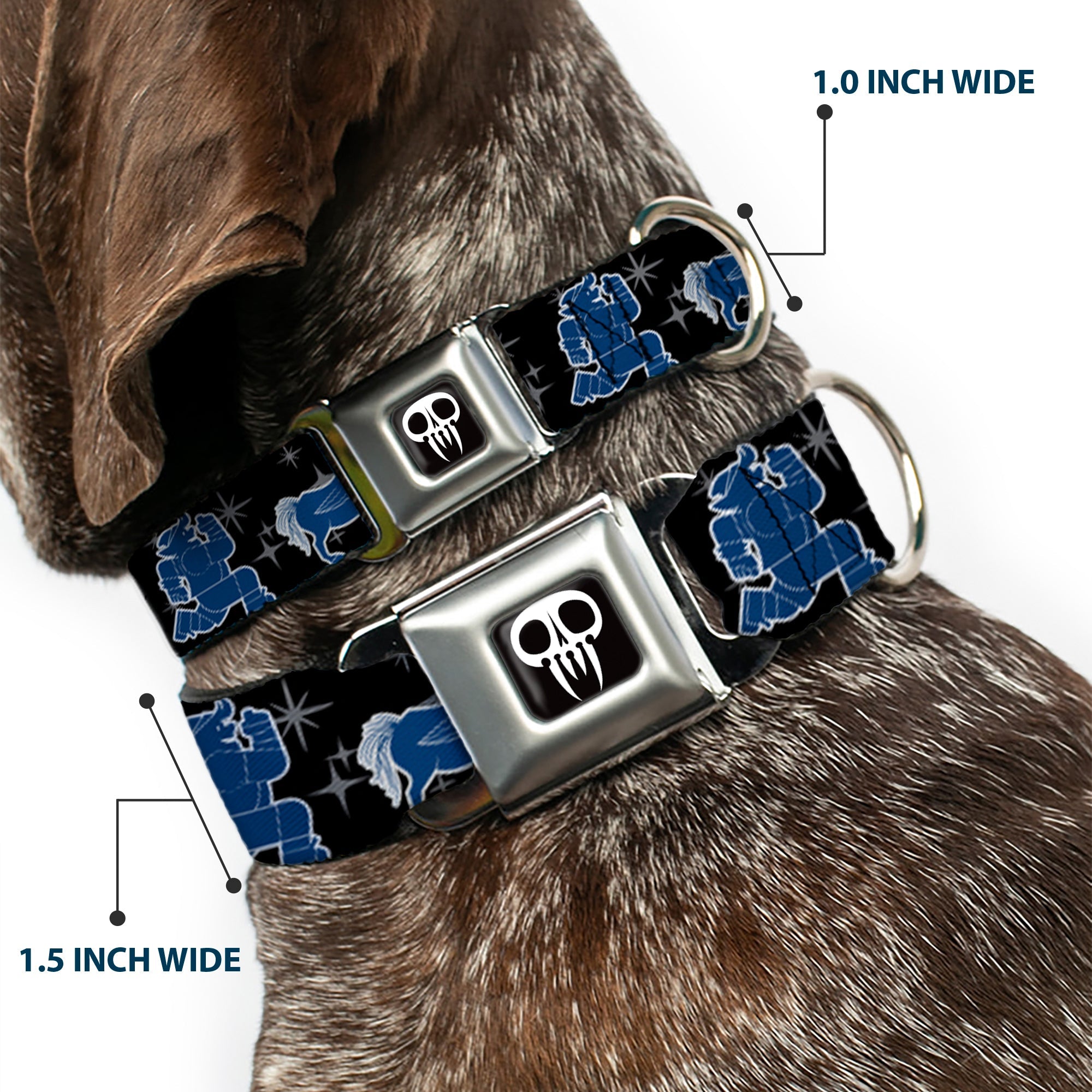 Onward Skull Icon Full Color Black/White Seatbelt Buckle Collar - Onward Barley/Unicorn/Guinevere Icons/Stars Black/Gray/Blues