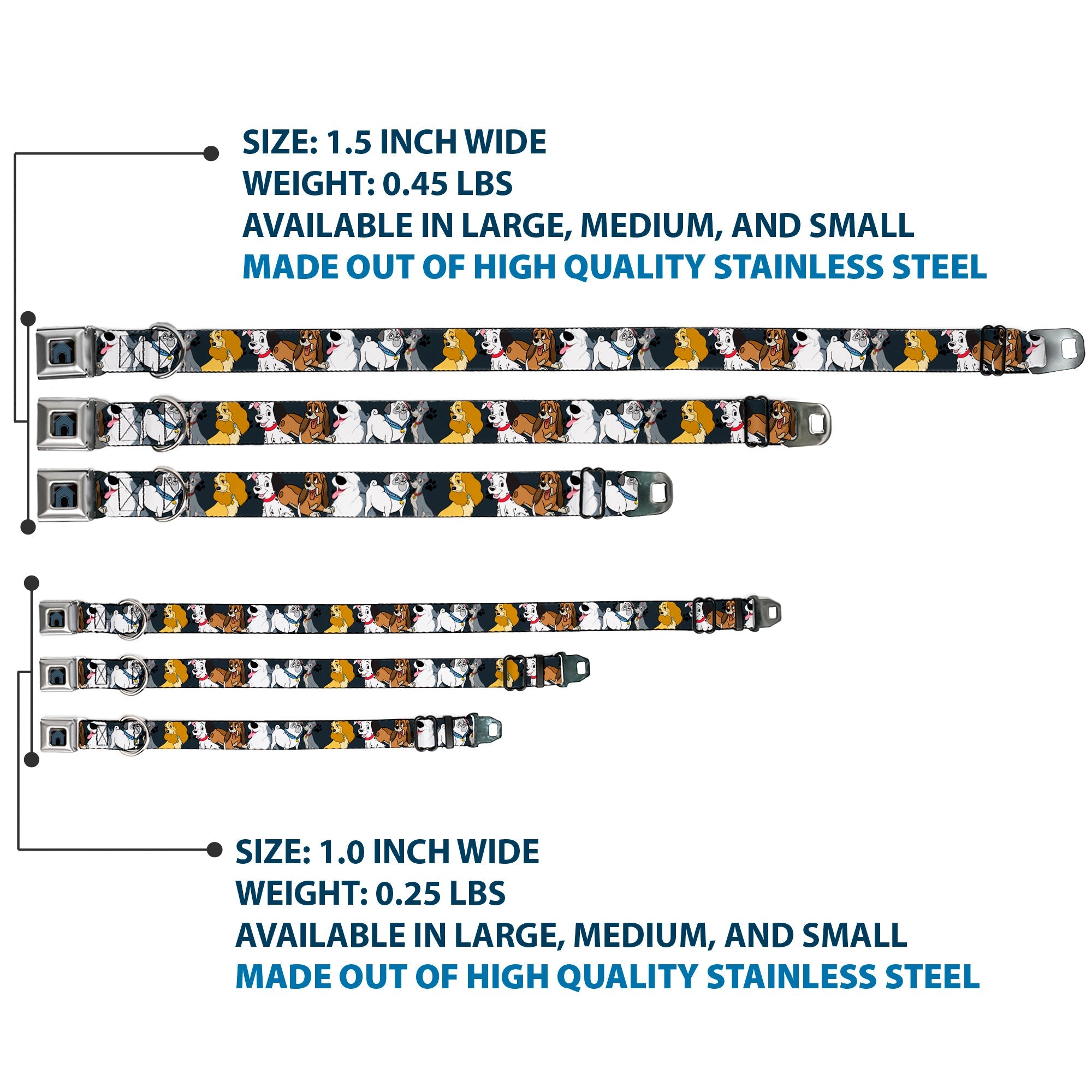 Dog House Full Color Black/Gray Seatbelt Buckle Collar - Disney Dogs 6-Dog Group Collage/Paws Gray/Black