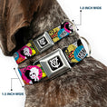 Load image into Gallery viewer, Cruella de Vil CDV Icon Black/White Seatbelt Buckle Collar - Cruella de Vil Cruell World and Round Badge Icons Collage
