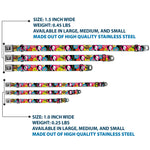 Cruella de Vil CDV Icon Black/White Seatbelt Buckle Collar - Cruella de Vil Cruell World and Round Badge Icons Collage