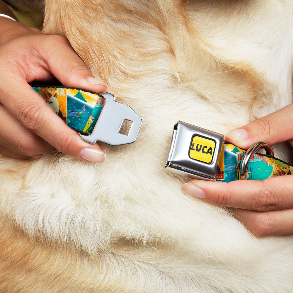 LUCA Logo Full Color Yellow/Black Seatbelt Buckle Collar - Luca The Piazza Poster Collage Stacked