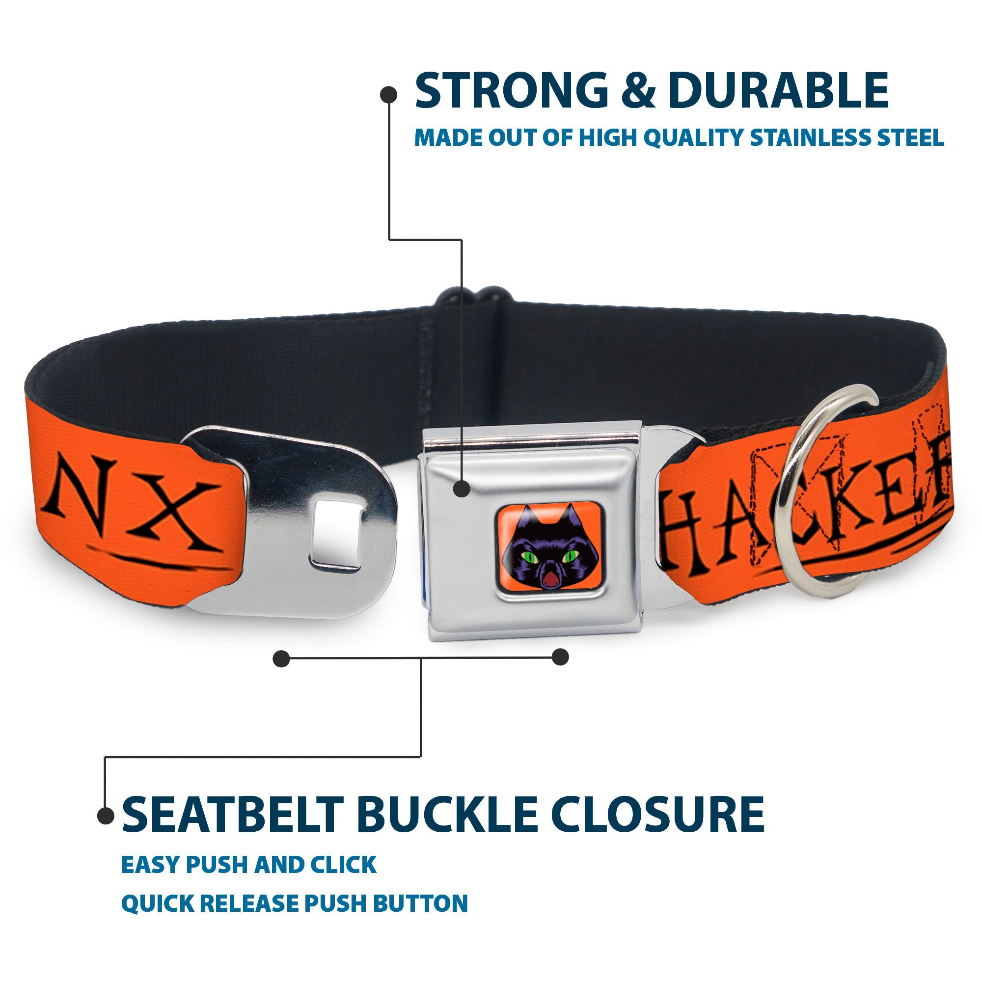Hocus Pocus Thackery Binx Cat Face Full Color Orange Seatbelt Buckle Collar - Hocus Pocus THACKERY BINX Cat Silhouette Orange/Black