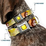 Princess Gem CLOSE-UP Full Color Yellow Seatbelt Buckle Collar - Belle Poses/Enchanted Rose/Story Script Yellow/Pinks