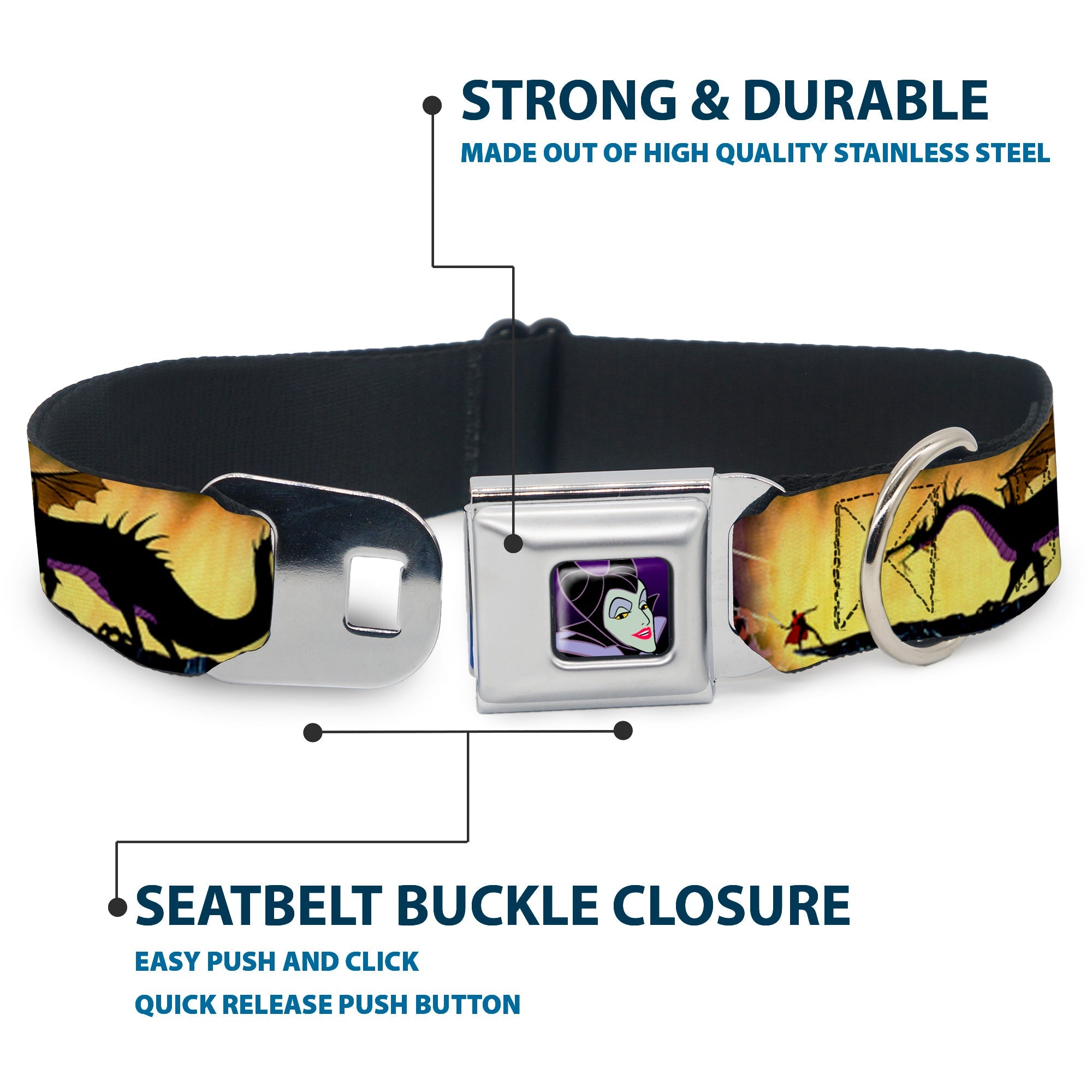Maleficent Face Full Color Purple Fade Seatbelt Buckle Collar - Maleficent Poses