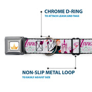 Disney Princess Crown Full Color Golds Seatbelt Buckle Collar - Frozen Anna Castle Pose with Flowers and Script Grays/Pinks