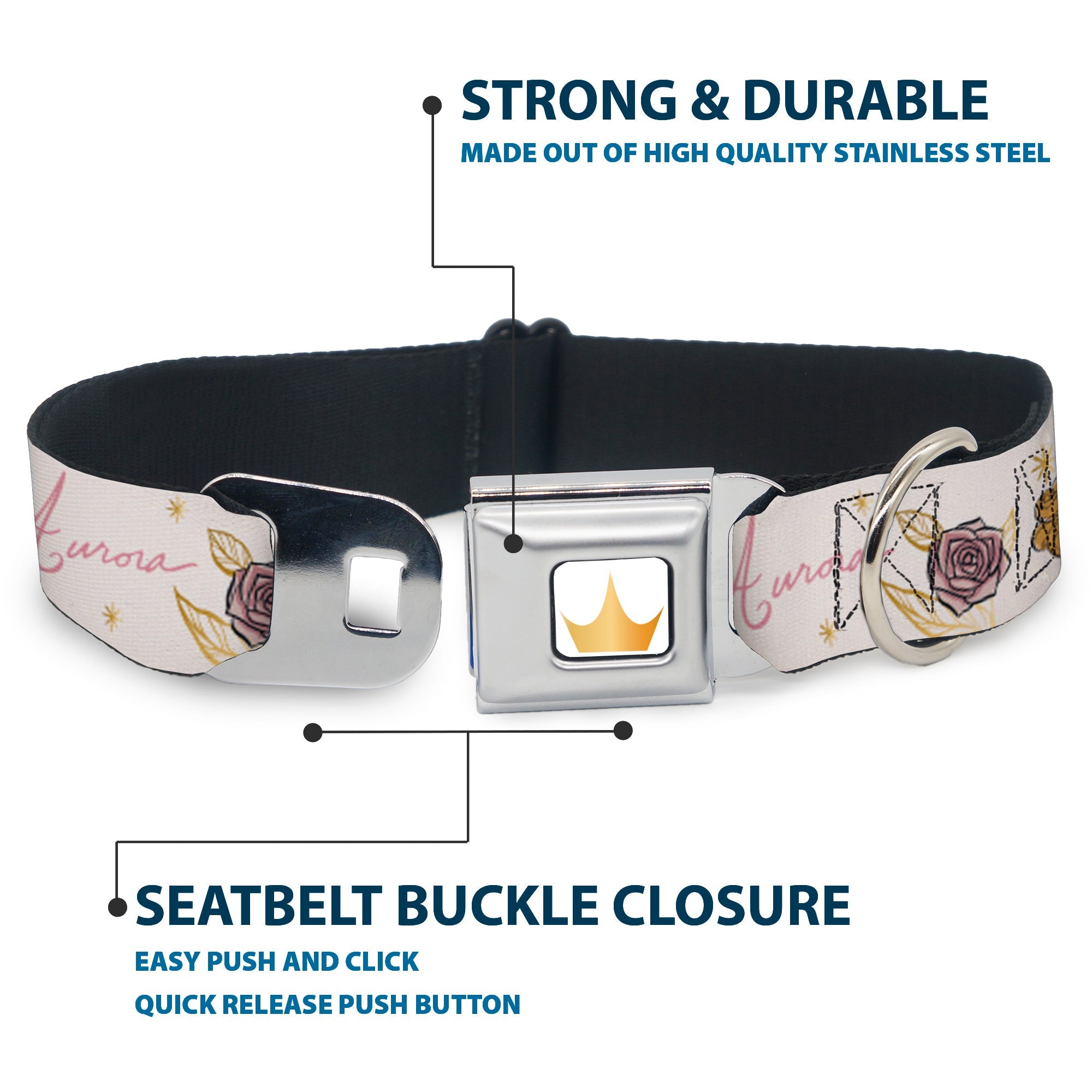 Disney Princess Crown Full Color Golds Seatbelt Buckle Collar - Sleeping Beauty Aurora Castle and Fairy Godmothers Pose with Script and Flowers White/Pinks
