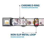 Disney Princess Crown Full Color Golds Seatbelt Buckle Collar - Sleeping Beauty Aurora Castle and Fairy Godmothers Pose with Script and Flowers White/Pinks