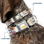 Disney Princess Crown Full Color Golds Seatbelt Buckle Collar - Beauty and the Beast Belle Castle Pose with Script and Flowers White/Yellows