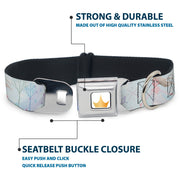 Disney Princess Crown Full Color Golds Seatbelt Buckle Collar - Frozen Elsa Snowflake Pose with Trees and Script Blues/Purples