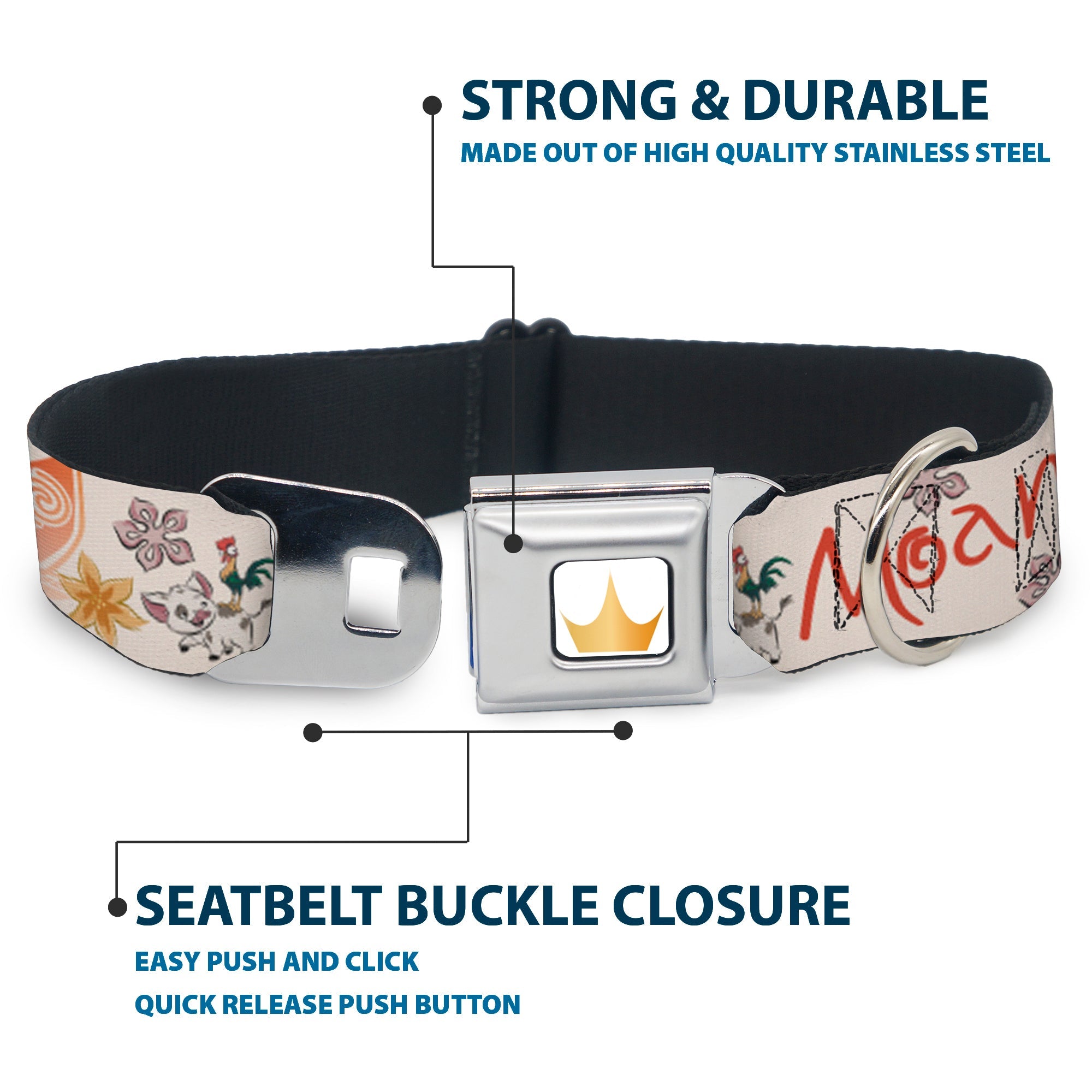 Disney Princess Crown Full Color Golds Seatbelt Buckle Collar - Moana with Pua and Hei Hei Sail Pose with Script and Flowers Beige/Orange