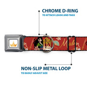 Disney Princess Crown Full Color Golds Seatbelt Buckle Collar - Mulan Gazebo Pose with Flowers and Script Red/Golds