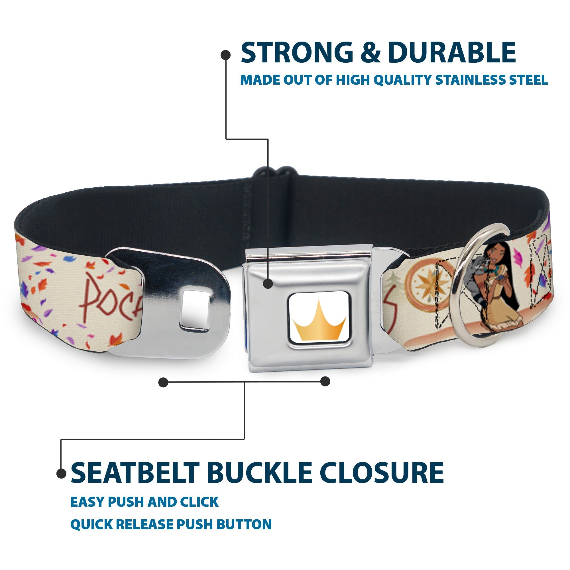 Disney Princess Crown Full Color Golds Seatbelt Buckle Collar - Pocahontas and Meeko Compass Pose with Script and Leaves Beige
