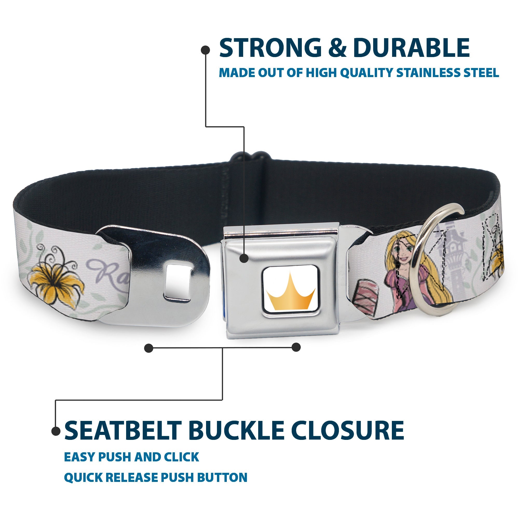Disney Princess Crown Full Color Golds Seatbelt Buckle Collar - Rapunzel Castle and Pascual Pose with Script and Flowers White/Purples