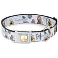 Load image into Gallery viewer, Disney Princess Crown Full Color Golds Seatbelt Buckle Collar - Rapunzel Castle and Pascual Pose with Script and Flowers White/Purples

