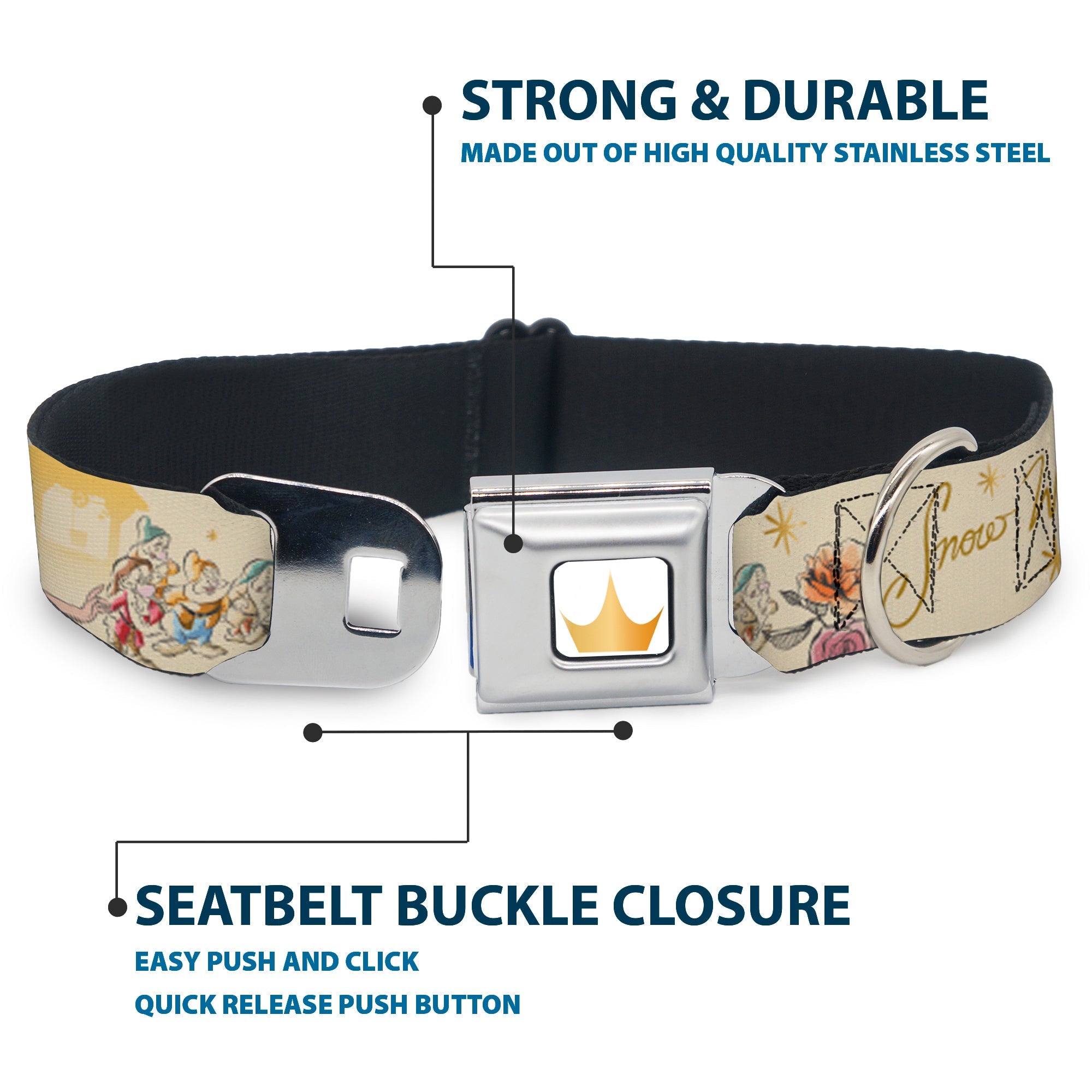 Disney Princess Crown Full Color Golds Seatbelt Buckle Collar - Snow White and the Seven Dwarfs with Script and Flowers Yellows