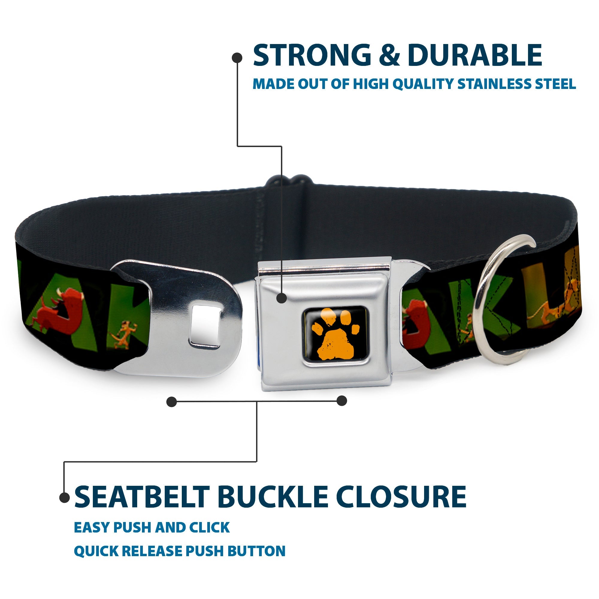 Southlake Paws Lion King Paw Collar featuring black and gold design with seatbelt buckle closure and durable stainless steel.