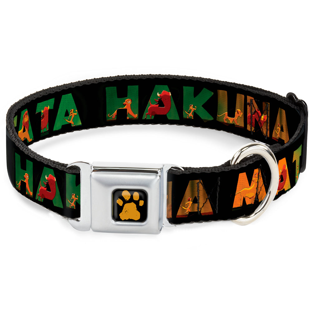Southlake Paws Lion King Paw Full Color Black Gold Seatbelt Buckle Collar featuring "HAKUNA MATATA" and Lion King scenes.